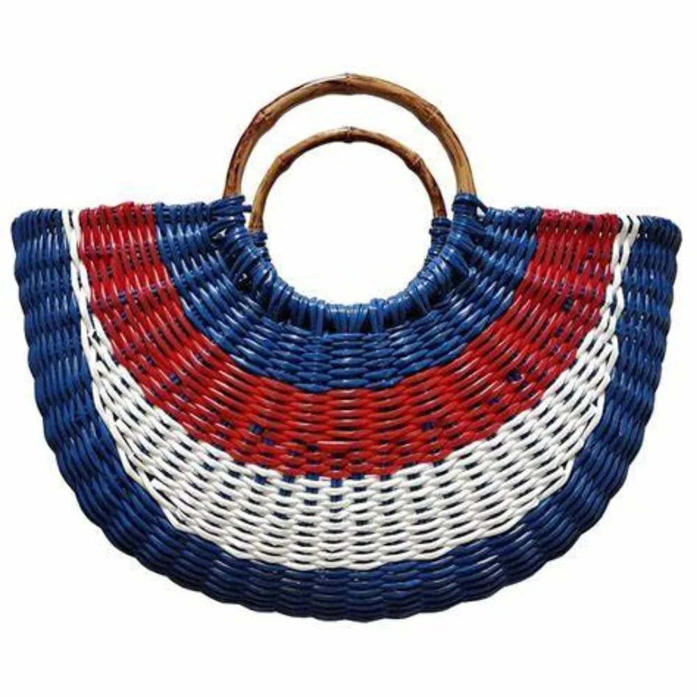 NWT INC Fan Tote Red White Blue Bamboo Handles NEW